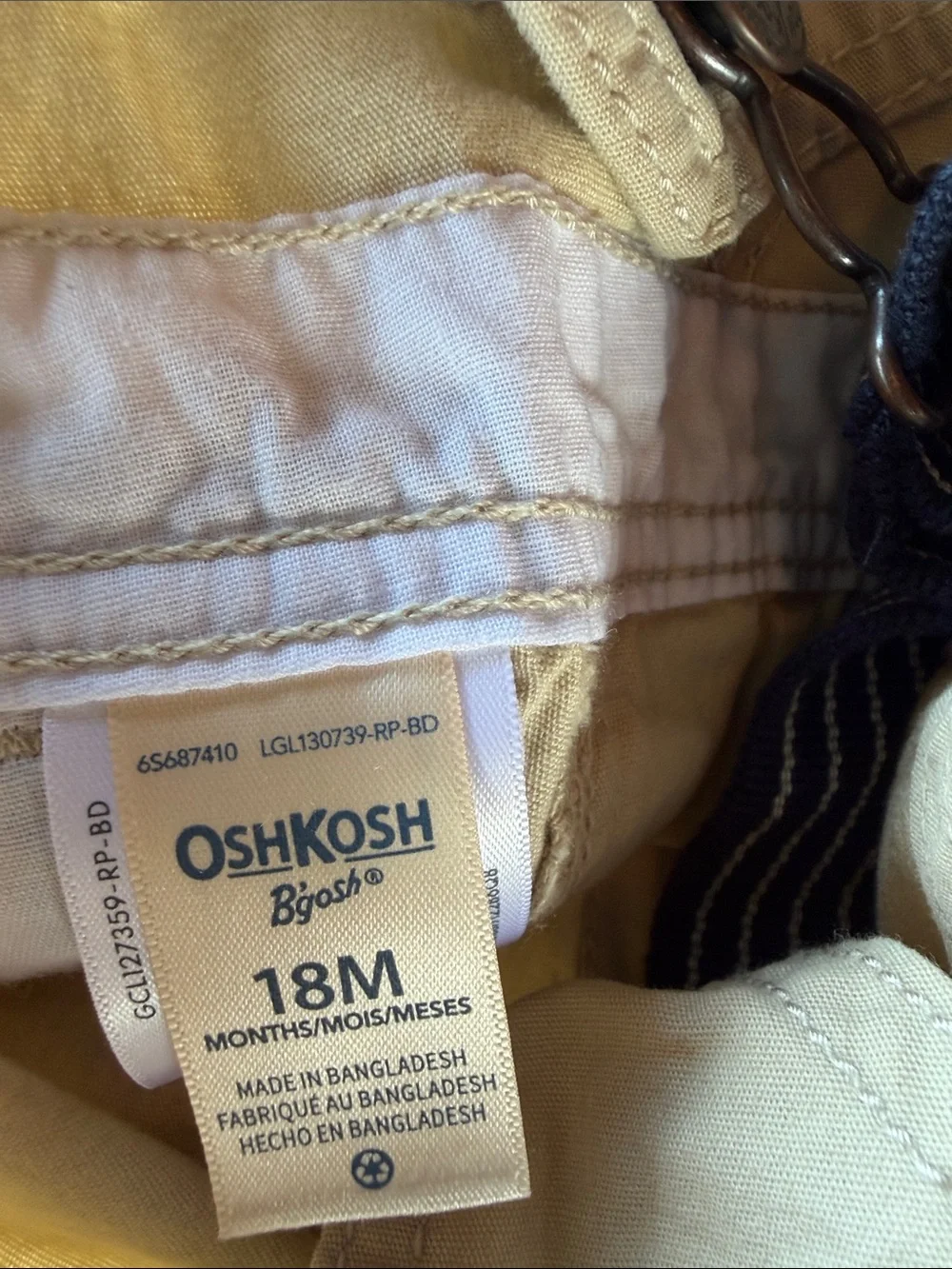 OshKosh B'gosh Tan Short Overalls with Navy Striped Straps